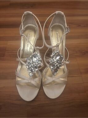ANTONIO MELANI Crystal-Embellished Ivory Strappy Heels